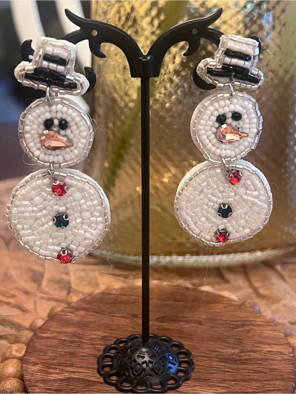 New Handmade White Beaded Snowman Earrings - Festive Women Jewelry